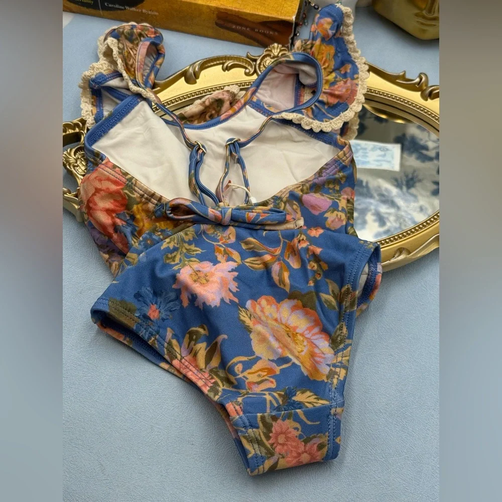 🆕 ZIMMERMANN KIDS 🧿 NWT August Trim Scoop 1PC, Dusty Blue Floral - Sz 2Y_9